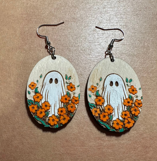 Wood Halloween Ghost Earrings